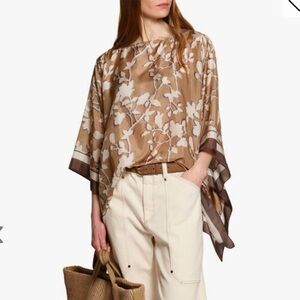 NWT Brunello Cucinelli Almond Floral Monili Silk Poncho Old Money Quiet Luxury